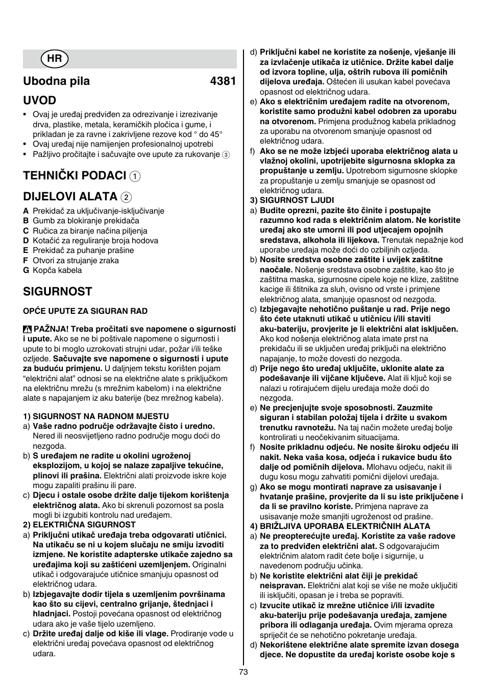 Ubodna pila 4381 uvod, Tehnički podaci 1 dijelovi alata 2, Sigurnost | Skil 4381 AA User Manual | Page 73 / 108