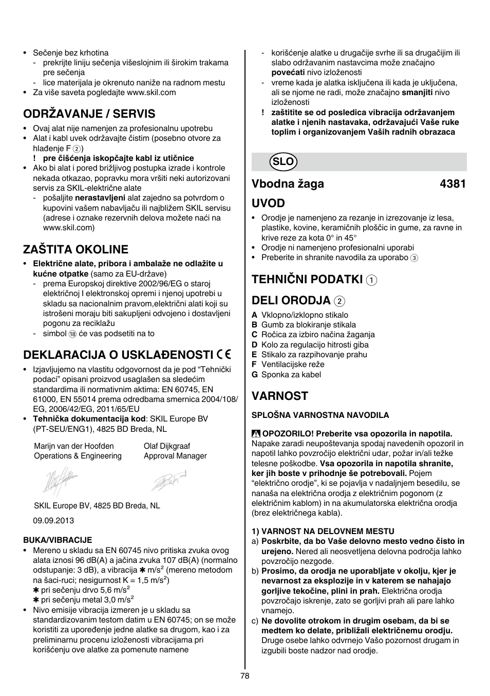 Održavanje / servis, Zaštita okoline, Deklaracija o usklađenosti | Vbodna žaga 4381 uvod, Tehnični podatki 1 deli orodja 2, Varnost | Skil 4381 AA User Manual | Page 78 / 108