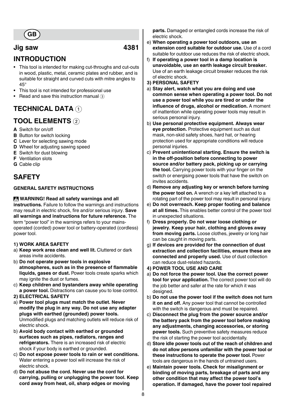 Jig saw 4381 introduction, Technical data 1 tool elements 2, Safety | Skil 4381 AA User Manual | Page 8 / 108
