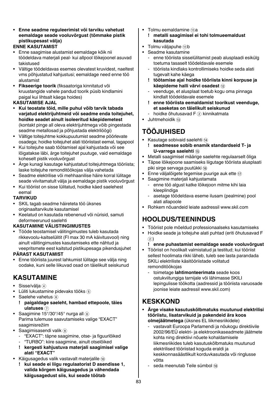 Kasutamine, Tööjuhised, Hooldus/teenindus | Keskkond | Skil 4381 AA User Manual | Page 83 / 108