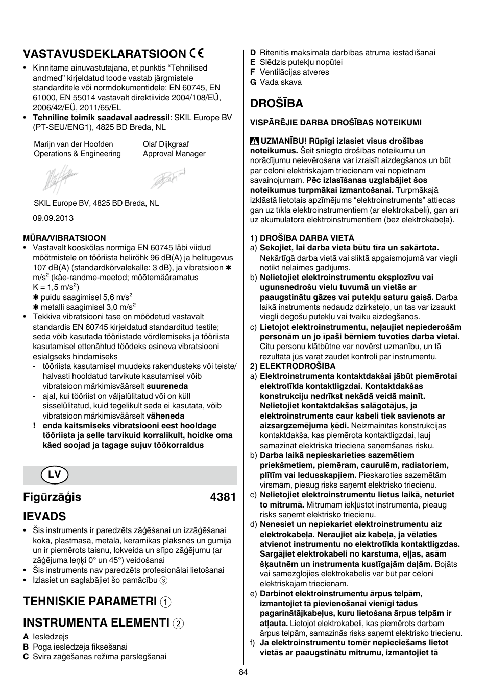 Vastavusdeklaratsioon, Figūrzāģis 4381 ievads, Tehniskie parametri 1 instrumenta elementi 2 | Drošība | Skil 4381 AA User Manual | Page 84 / 108