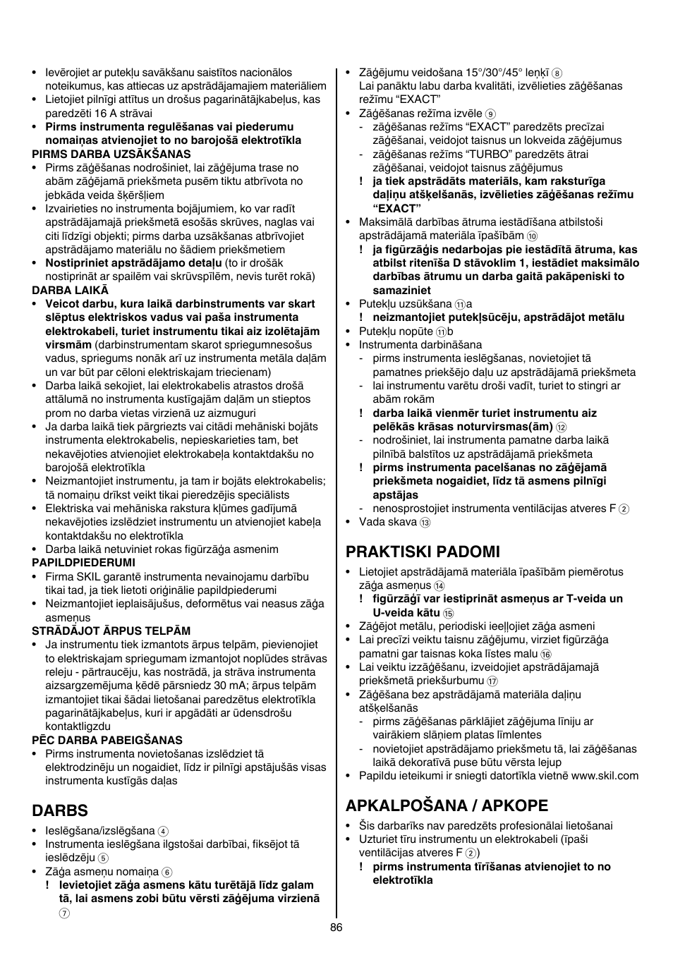 Darbs, Praktiski padomi, Apkalpošana / apkope | Skil 4381 AA User Manual | Page 86 / 108