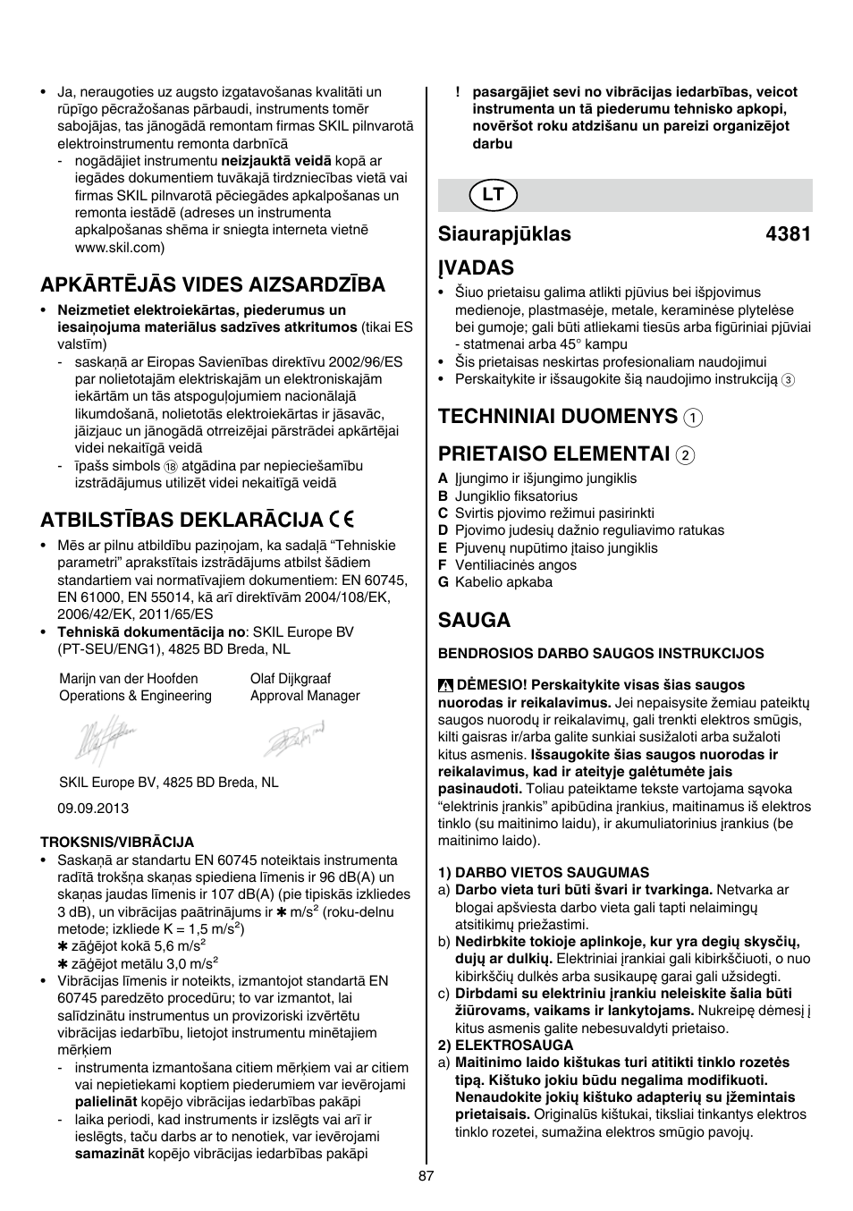 Apkārtējās vides aizsardzība, Atbilstības deklarācija, Siaurapjūklas 4381 įvadas | Techniniai duomenys 1 prietaiso elementai 2, Sauga | Skil 4381 AA User Manual | Page 87 / 108