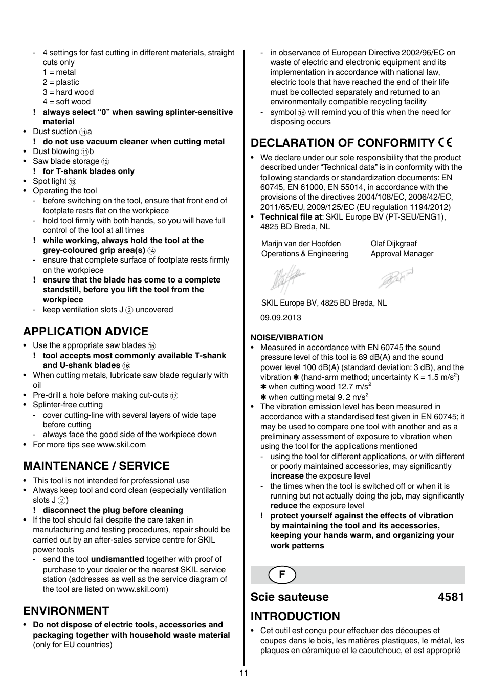 Application advice, Maintenance / service, Environment | Declaration of conformity, Scie sauteuse 4581 introduction | Skil 4581 CA User Manual | Page 11 / 116
