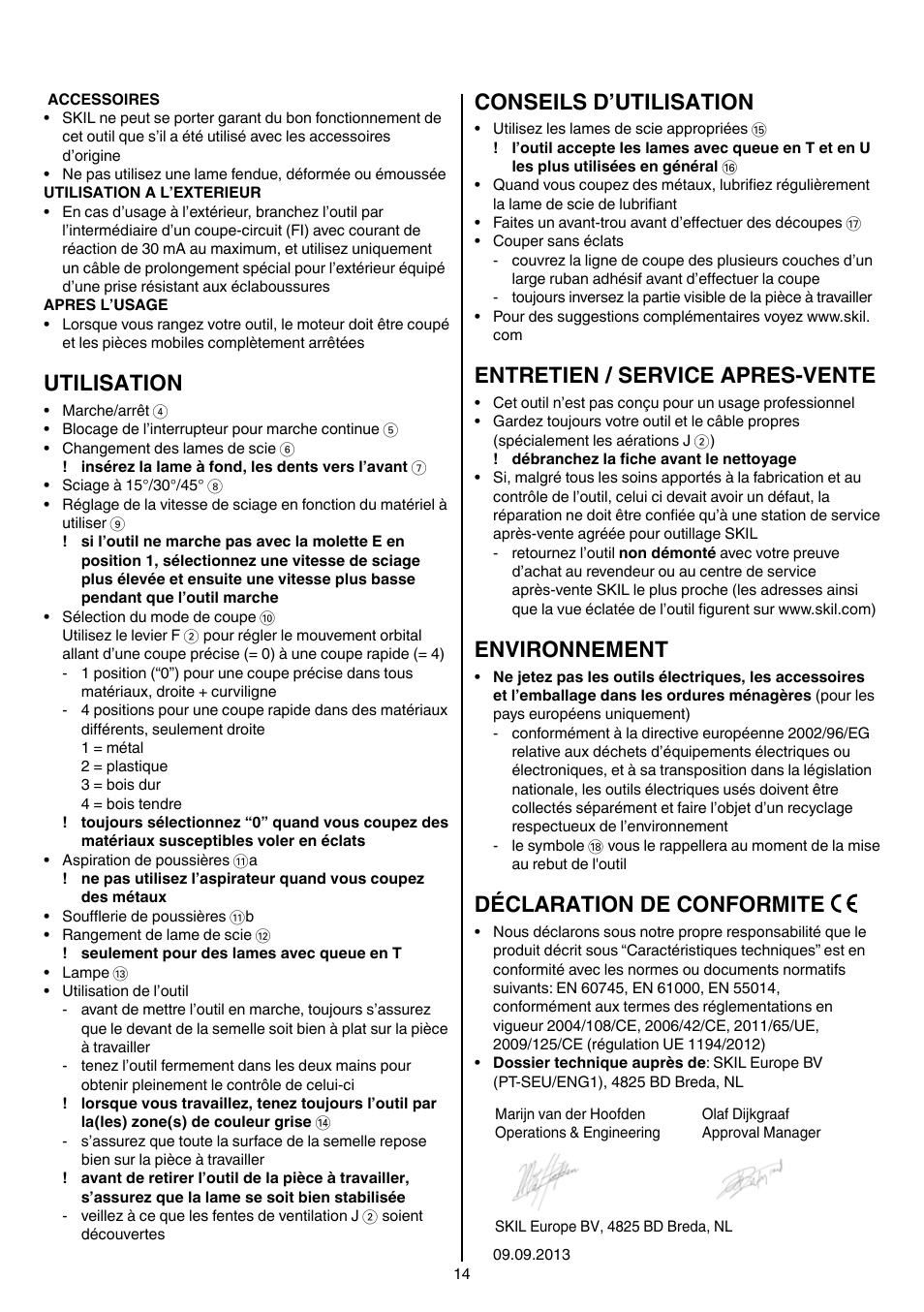 Utilisation, Conseils d’utilisation, Entretien / service apres-vente | Environnement, Déclaration de conformite | Skil 4581 CA User Manual | Page 14 / 116