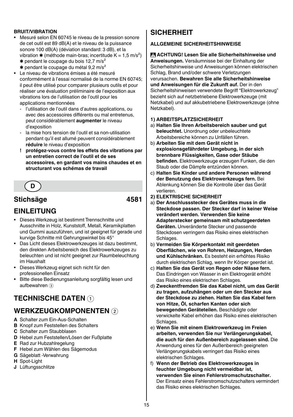 Stichsäge 4581 einleitung, Technische daten 1 werkzeugkomponenten 2, Sicherheit | Skil 4581 CA User Manual | Page 15 / 116