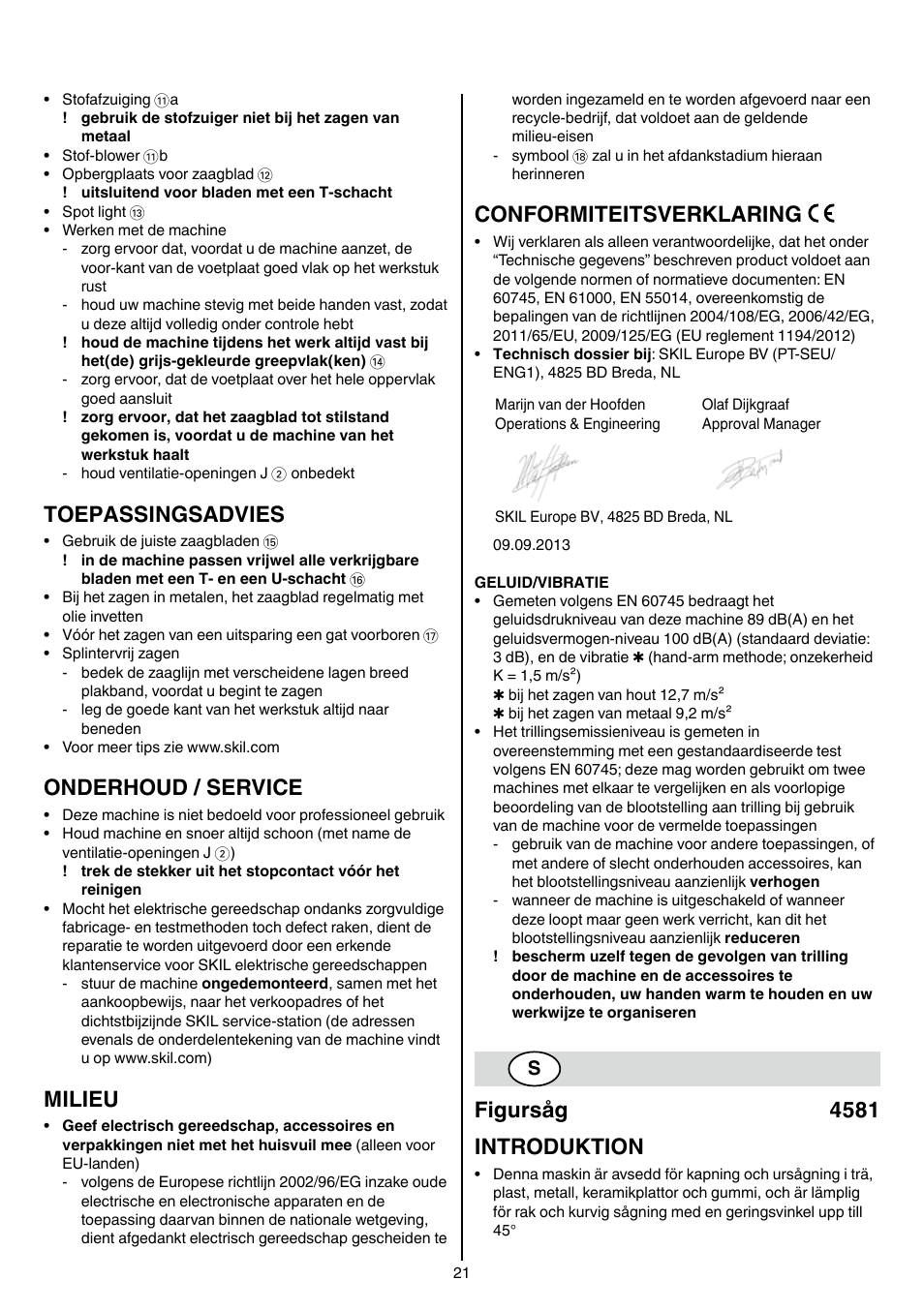 Toepassingsadvies, Onderhoud / service, Milieu | Conformiteitsverklaring, Figursåg 4581 introduktion | Skil 4581 CA User Manual | Page 21 / 116