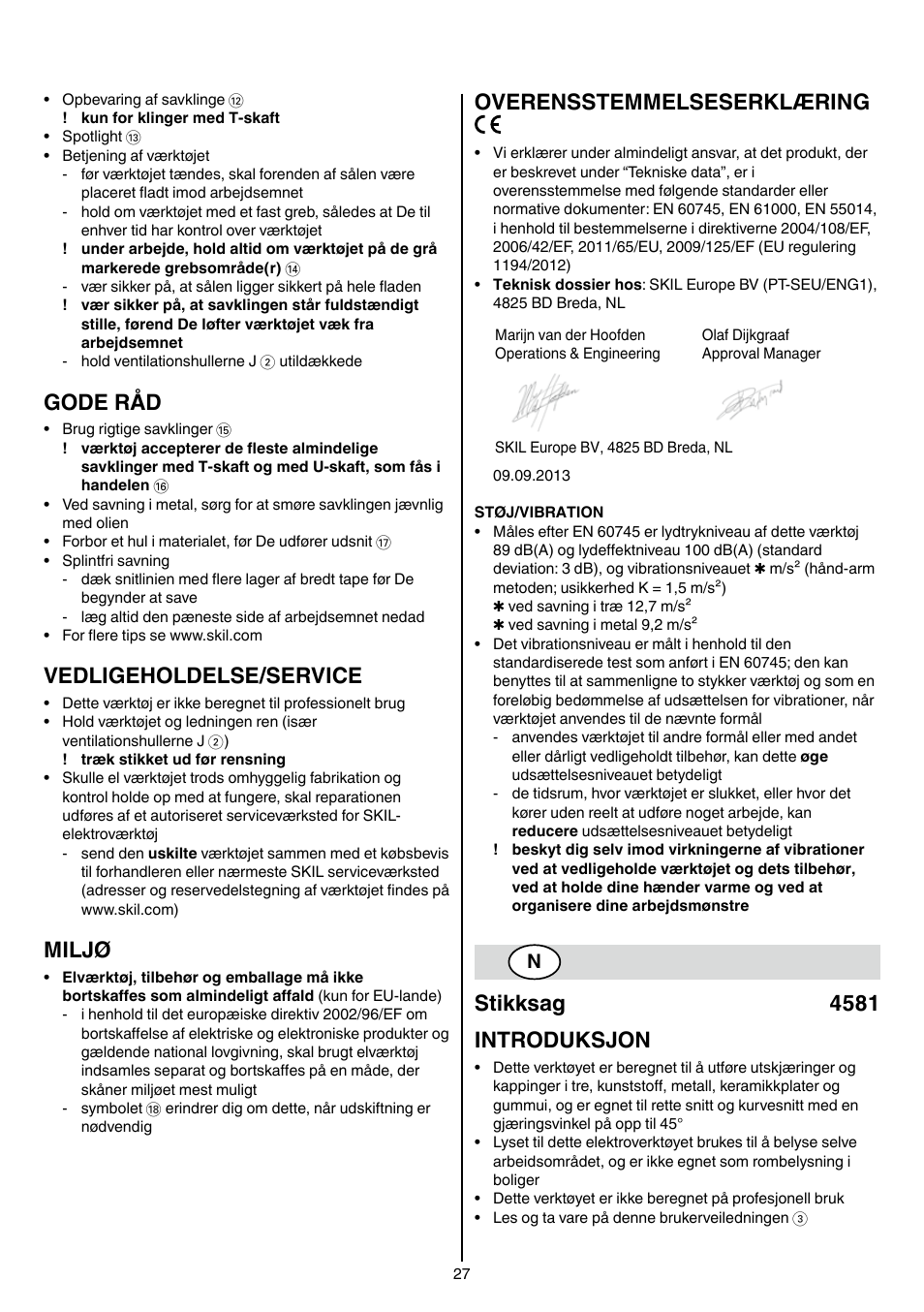 Gode råd, Vedligeholdelse/service, Miljø | Overensstemmelseserklæring, Stikksag 4581 introduksjon | Skil 4581 CA User Manual | Page 27 / 116