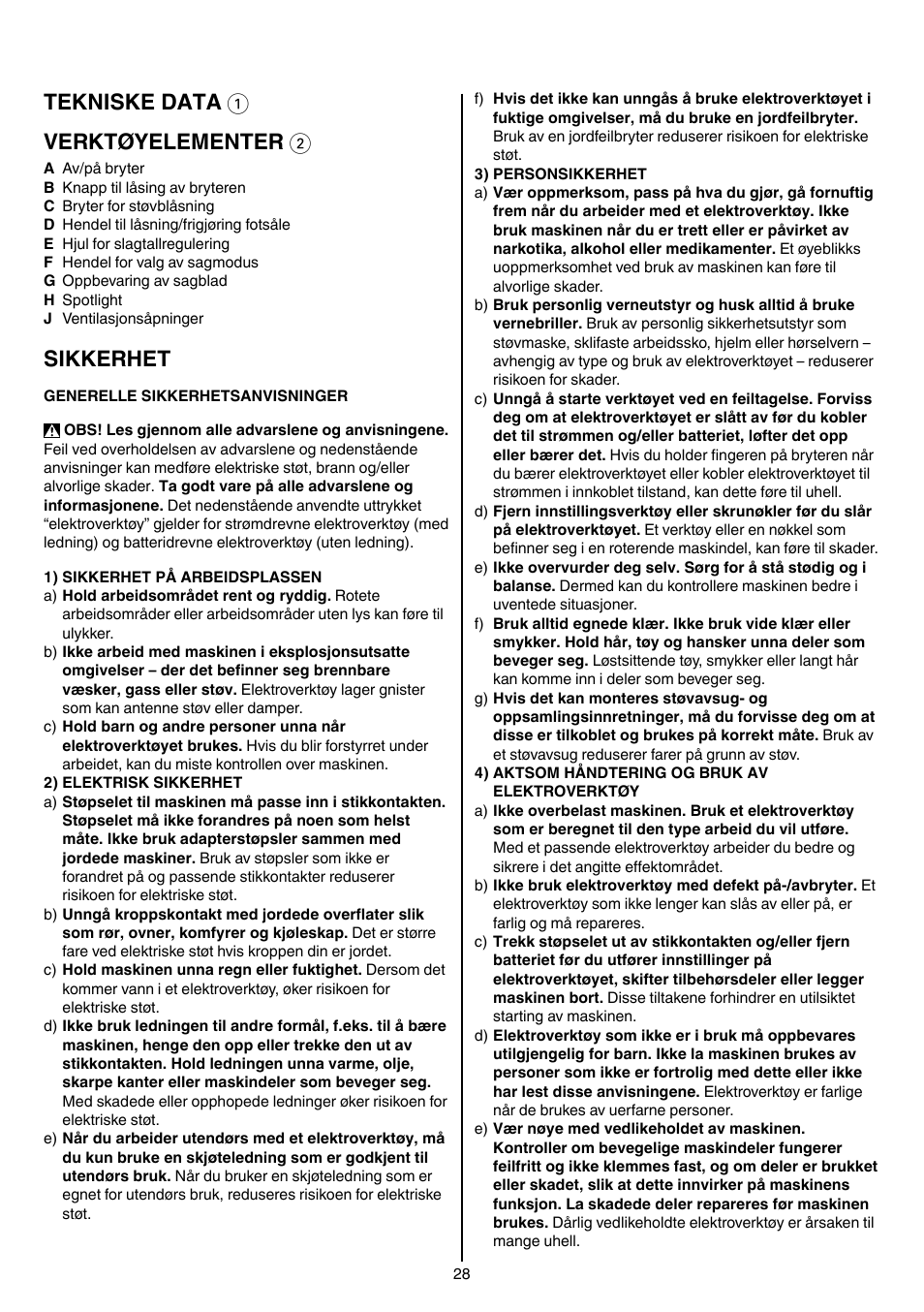 Tekniske data 1 verktøyelementer 2, Sikkerhet | Skil 4581 CA User Manual | Page 28 / 116