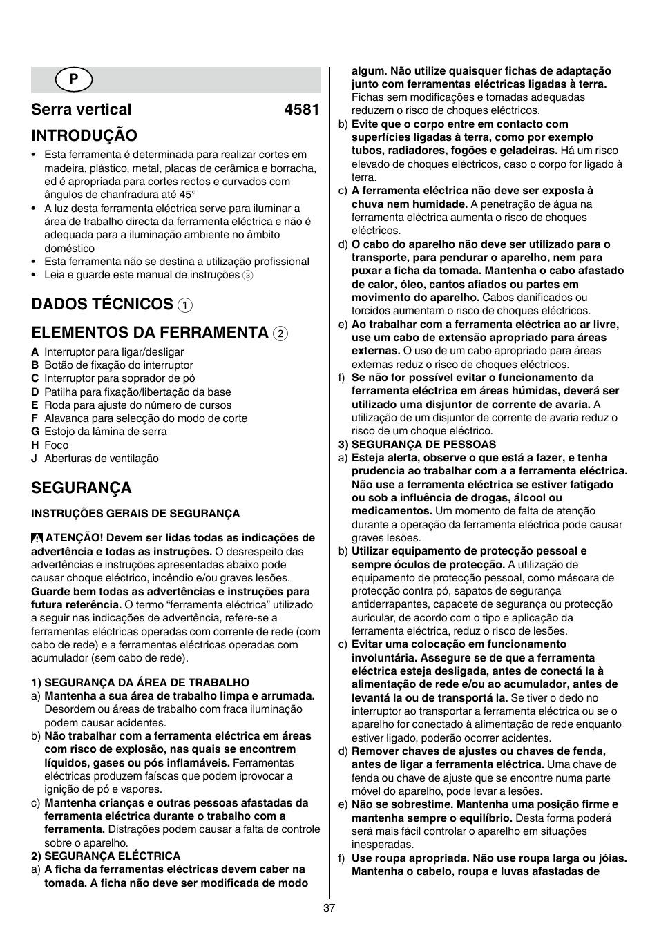 Serra vertical 4581 introdução, Dados técnicos 1 elementos da ferramenta 2, Segurança | Skil 4581 CA User Manual | Page 37 / 116