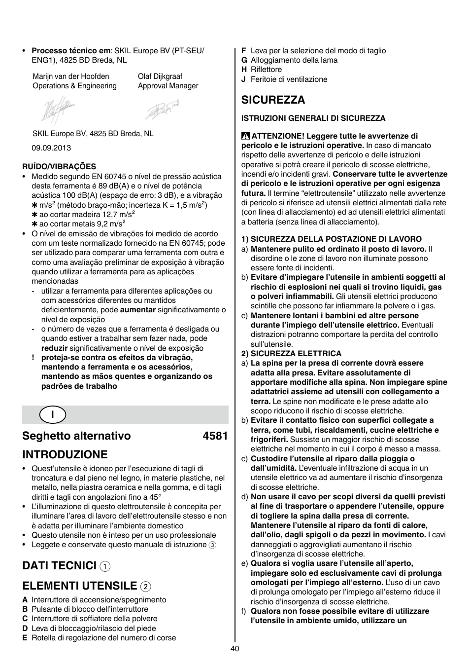 Seghetto alternativo 4581 introduzione, Dati tecnici 1 elementi utensile 2, Sicurezza | Skil 4581 CA User Manual | Page 40 / 116