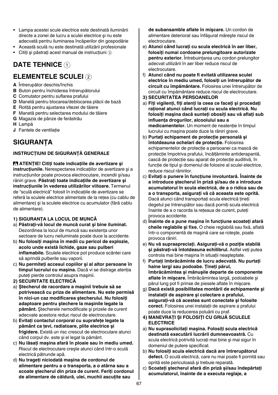 Date tehnice 1 elementele sculei 2, Siguranţa | Skil 4581 CA User Manual | Page 67 / 116