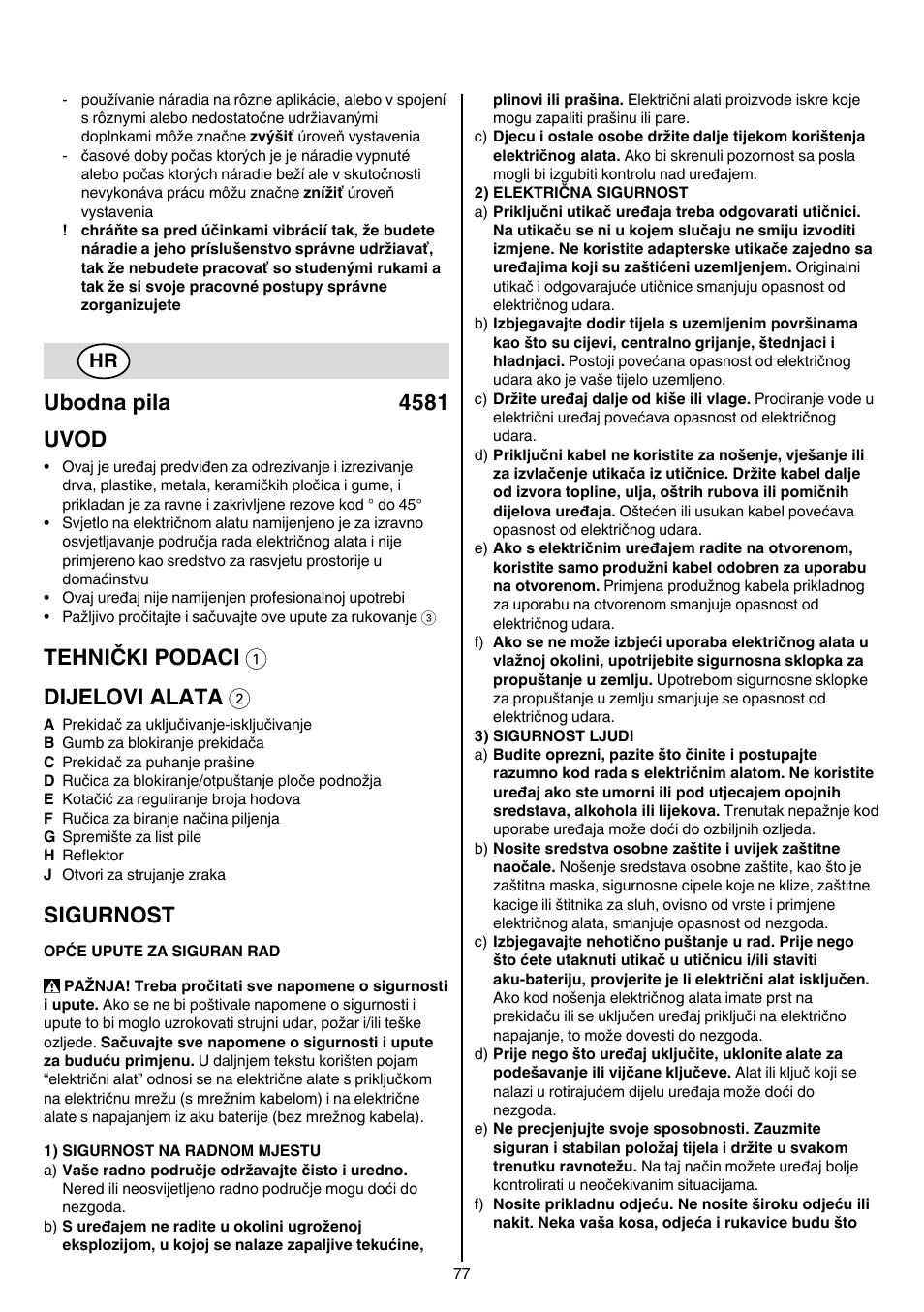 Ubodna pila 4581 uvod, Tehnički podaci 1 dijelovi alata 2, Sigurnost | Skil 4581 CA User Manual | Page 77 / 116