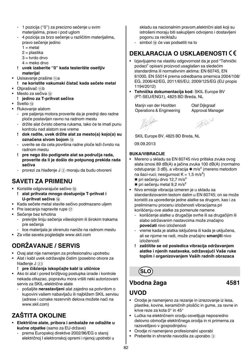 Saveti za primenu, Održavanje / servis, Zaštita okoline | Deklaracija o usklađenosti, Vbodna žaga 4581 uvod | Skil 4581 CA User Manual | Page 82 / 116