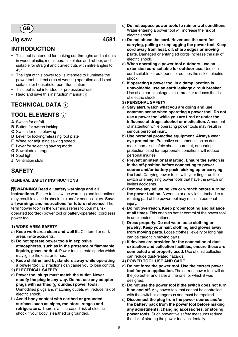 Jig saw 4581 introduction, Technical data 1 tool elements 2, Safety | Skil 4581 CA User Manual | Page 9 / 116