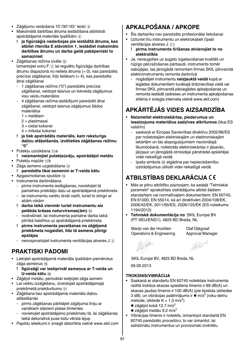 Praktiski padomi, Apkalpošana / apkope, Apkārtējās vides aizsardzība | Atbilstības deklarācija | Skil 4581 CA User Manual | Page 91 / 116