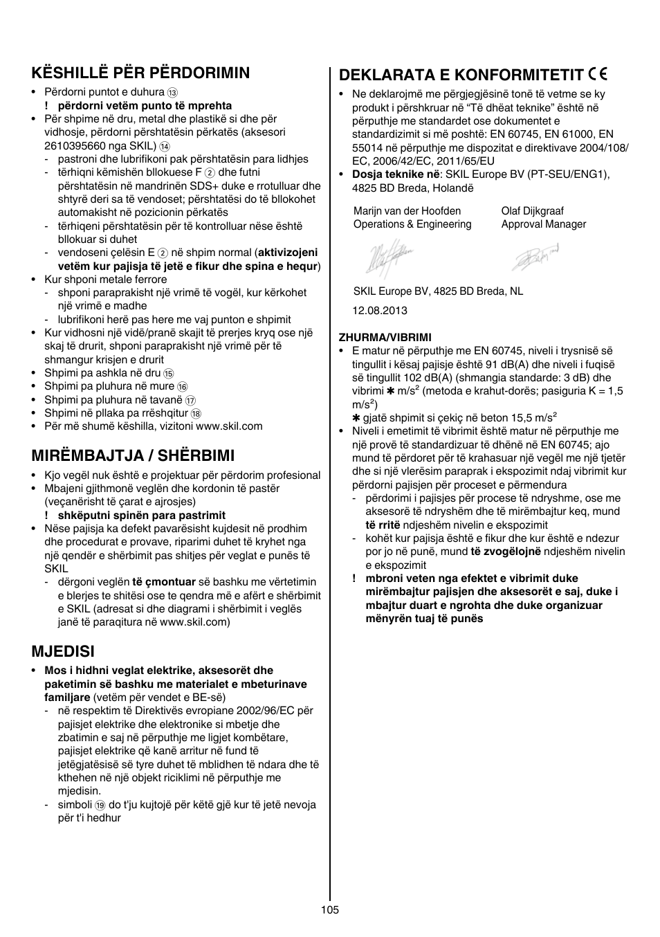 Këshillë për përdorimin, Mirëmbajtja / shërbimi, Mjedisi | Deklarata e konformitetit | Skil 1735 AA User Manual | Page 105 / 116