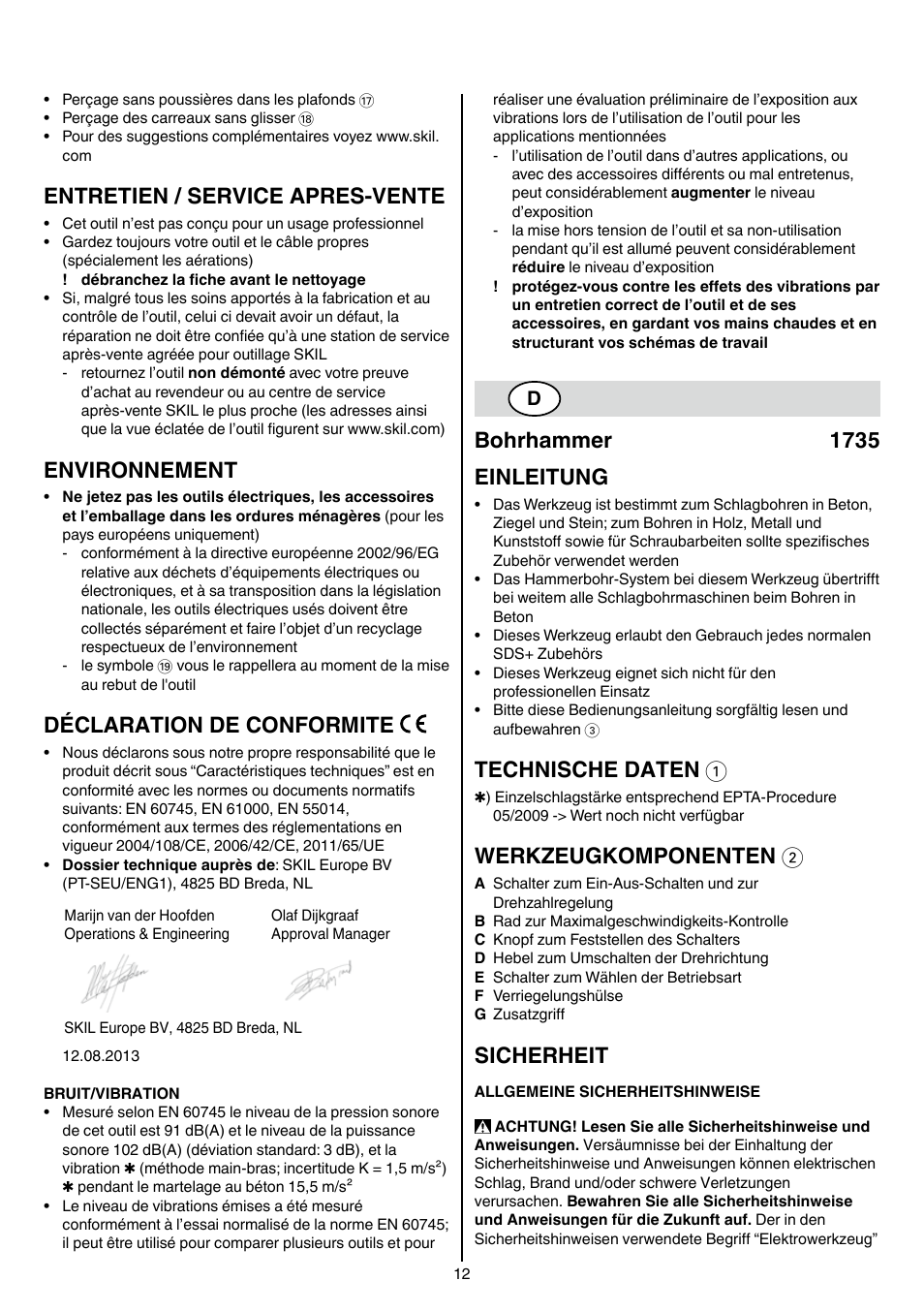 Entretien / service apres-vente, Environnement, Déclaration de conformite | Bohrhammer 1735 einleitung, Technische daten 1, Werkzeugkomponenten 2, Sicherheit | Skil 1735 AA User Manual | Page 12 / 116