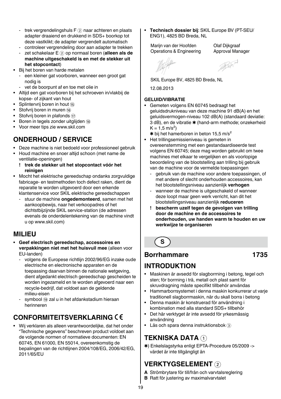Onderhoud / service, Milieu, Conformiteitsverklaring | Borrhammare 1735 introduktion, Tekniska data 1, Verktygselement 2 | Skil 1735 AA User Manual | Page 19 / 116