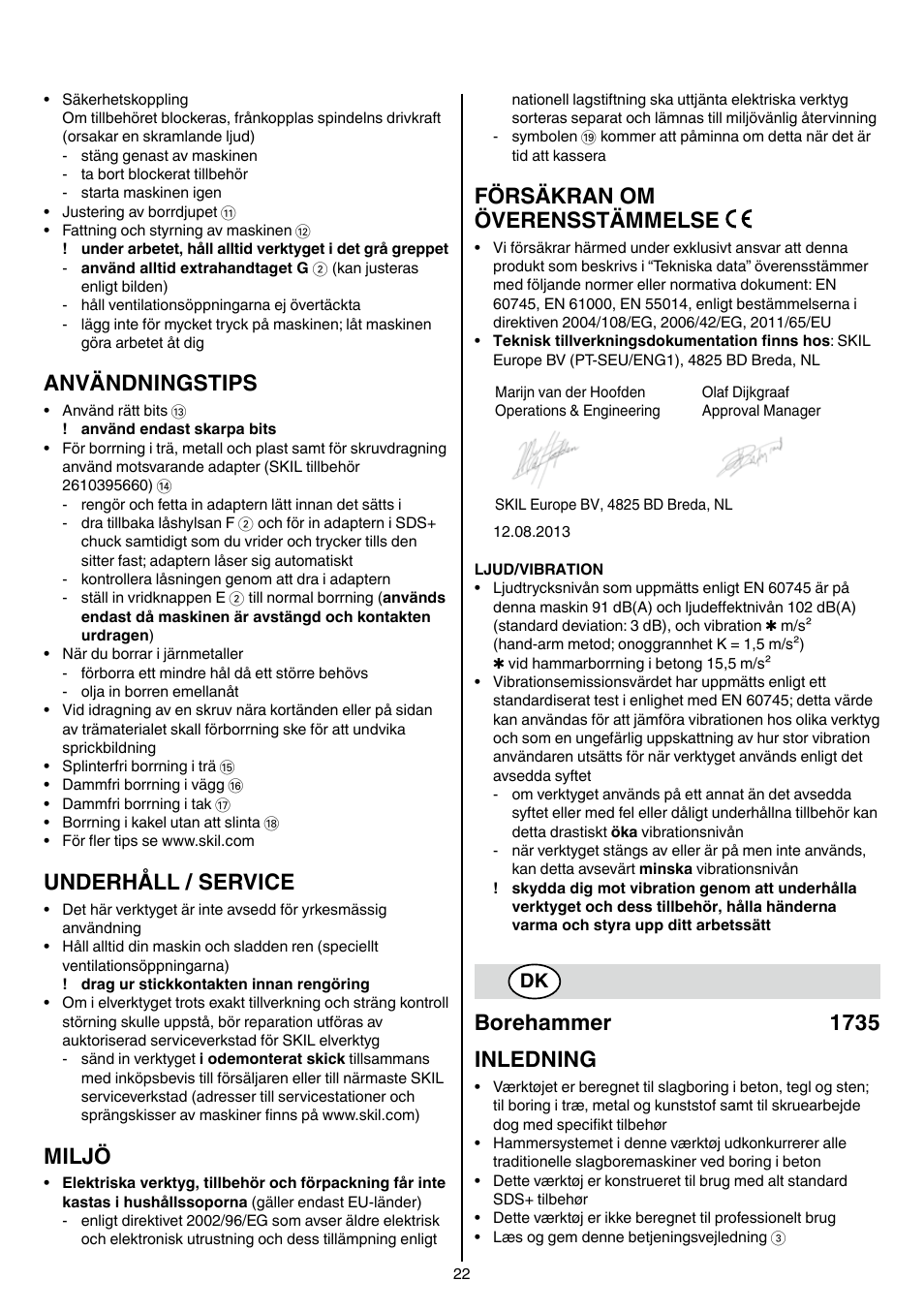 Användningstips, Underhåll / service, Miljö | Försäkran om överensstämmelse, Borehammer 1735 inledning | Skil 1735 AA User Manual | Page 22 / 116