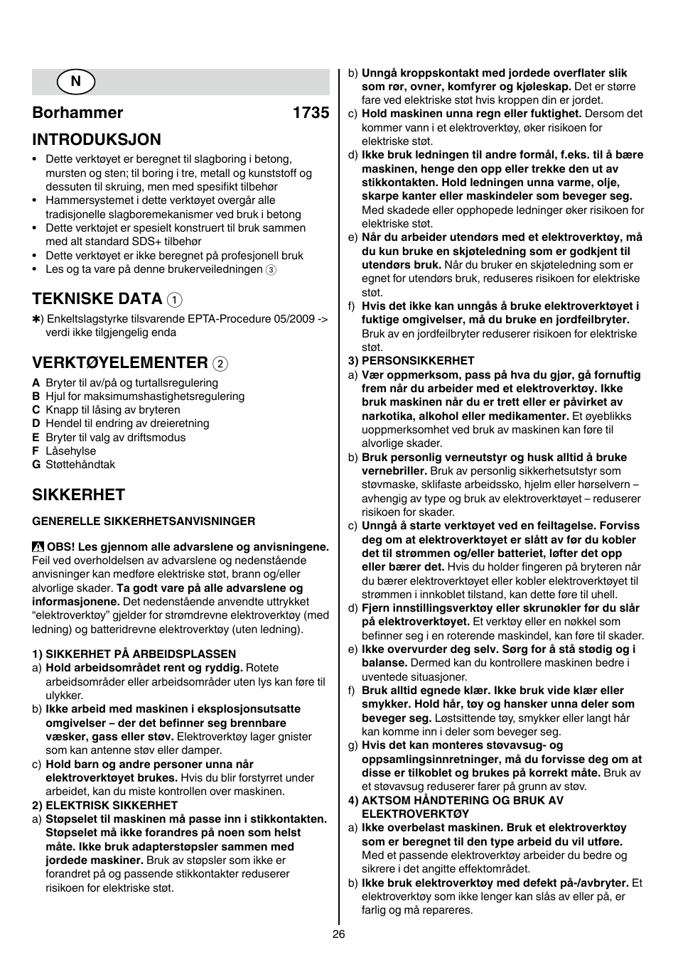 Borhammer 1735 introduksjon, Tekniske data 1, Verktøyelementer 2 | Sikkerhet | Skil 1735 AA User Manual | Page 26 / 116