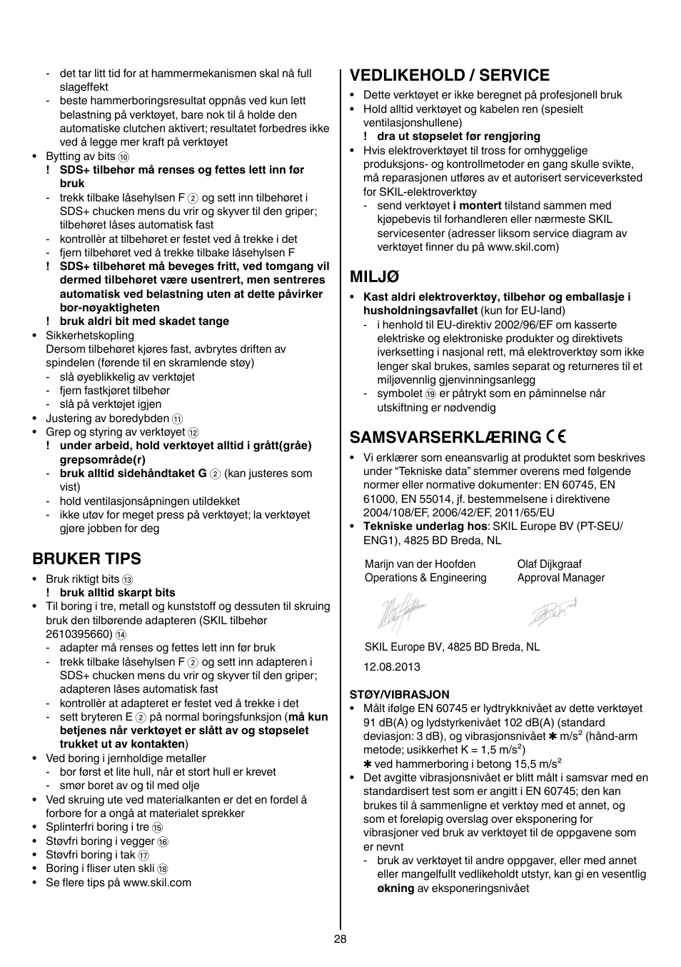 Bruker tips, Vedlikehold / service, Miljø | Samsvarserklæring | Skil 1735 AA User Manual | Page 28 / 116