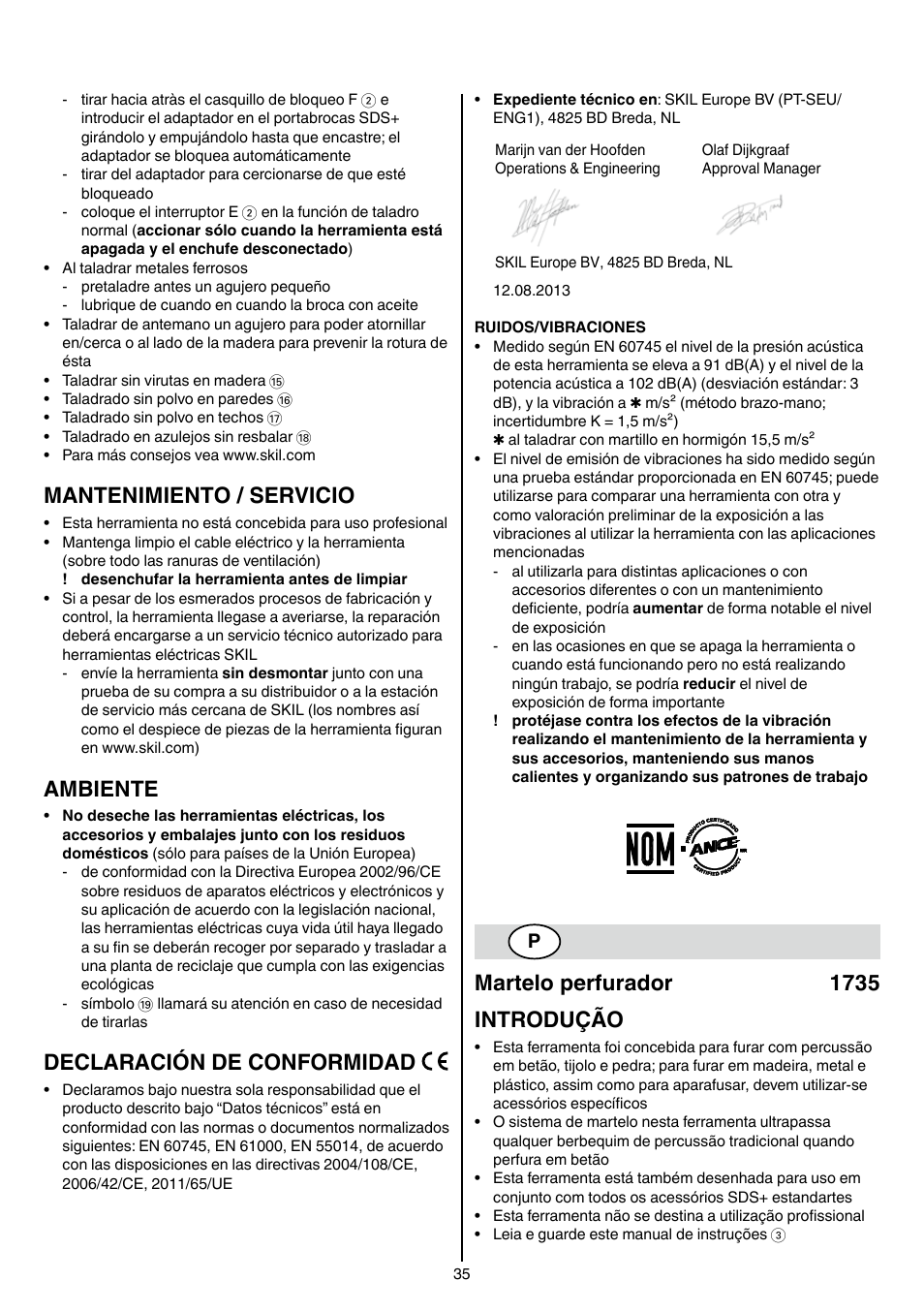 Mantenimiento / servicio, Ambiente, Declaración de conformidad | Martelo perfurador 1735 introdução | Skil 1735 AA User Manual | Page 35 / 116