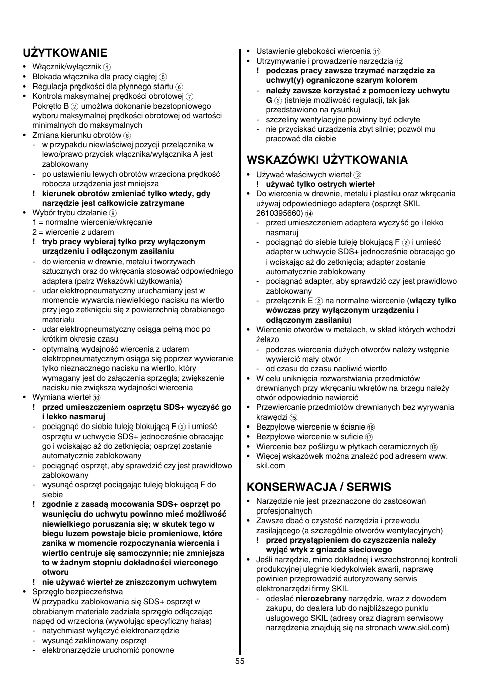 Użytkowanie, Wskazówki użytkowania, Konserwacja / serwis | Skil 1735 AA User Manual | Page 55 / 116