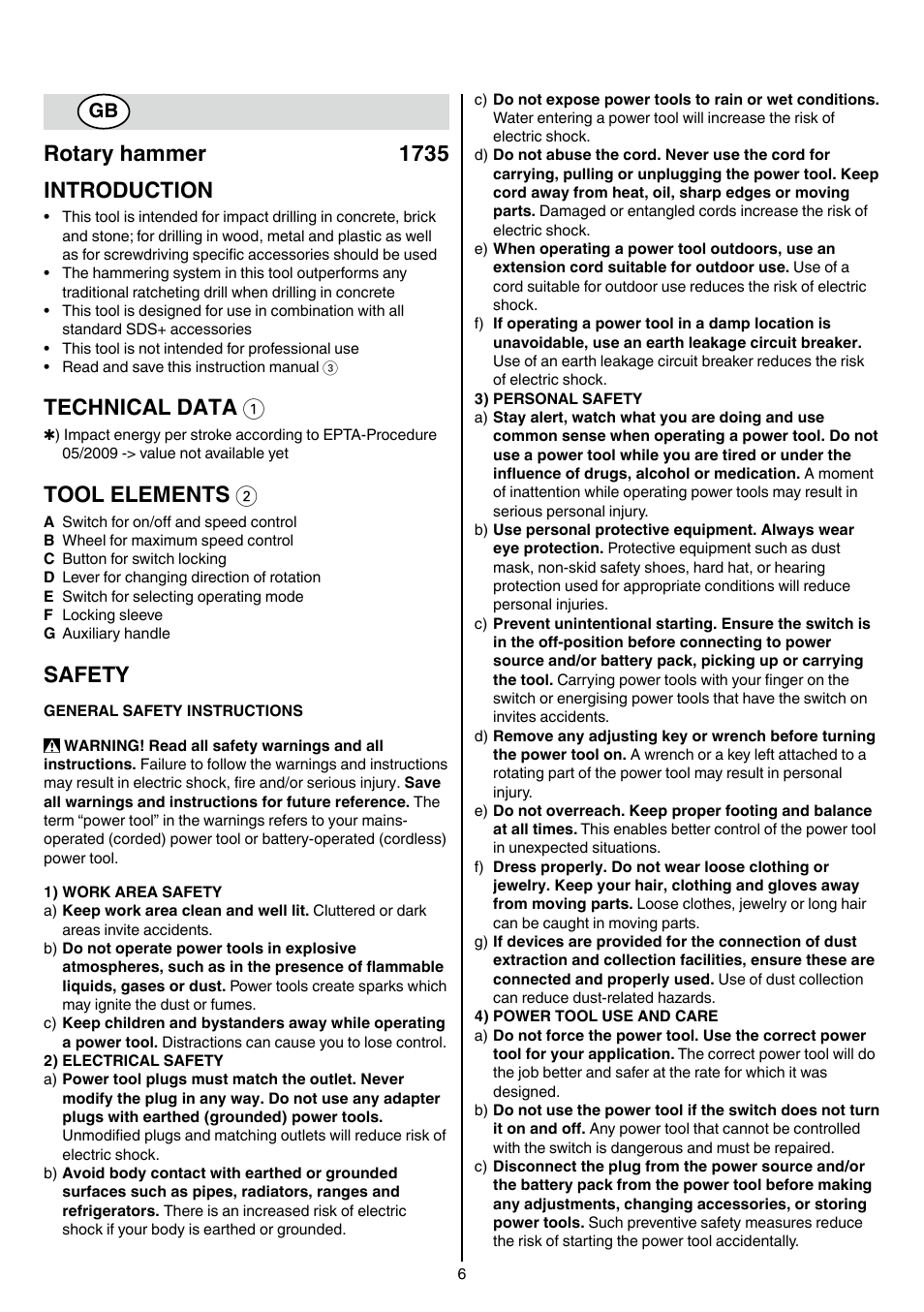 Rotary hammer 1735 introduction, Technical data 1, Tool elements 2 | Safety | Skil 1735 AA User Manual | Page 6 / 116