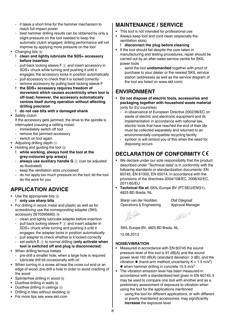 Application advice, Maintenance / service, Environment | Declaration of conformity | Skil 1735 AA User Manual | Page 8 / 116