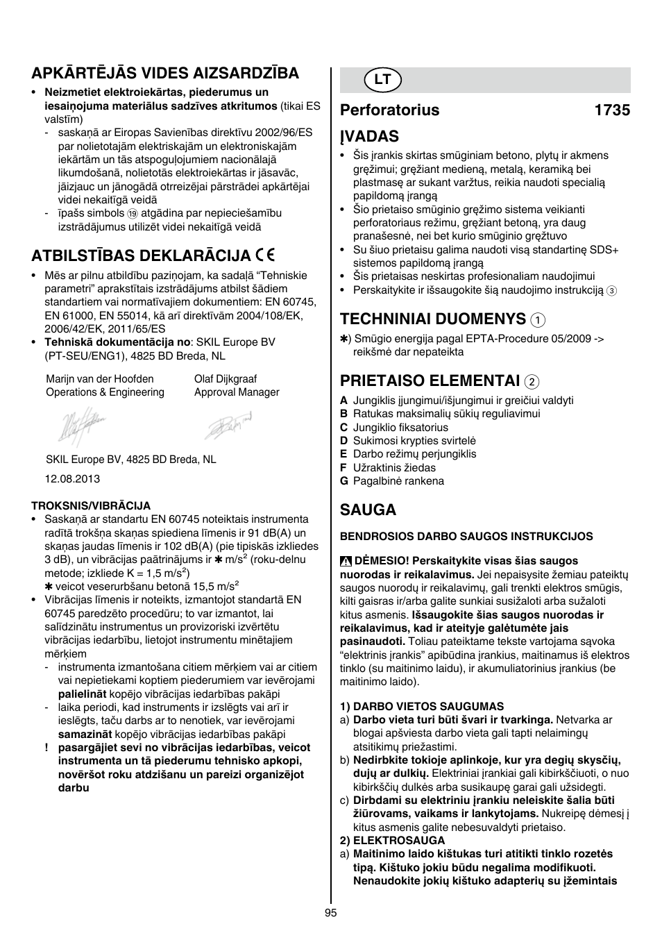 Apkārtējās vides aizsardzība, Atbilstības deklarācija, Perforatorius 1735 įvadas | Techniniai duomenys 1, Prietaiso elementai 2, Sauga | Skil 1735 AA User Manual | Page 95 / 116