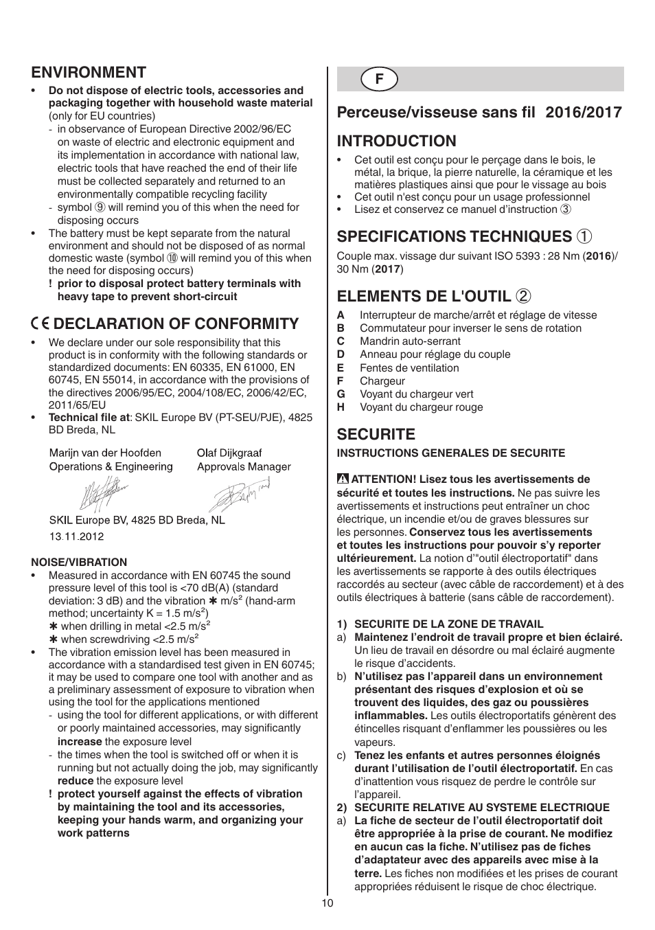 Environment, Declaration of conformity, Specifications techniques | Elements de l'outil, Securite | Skil 2016 AA User Manual | Page 10 / 128