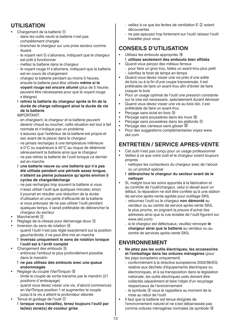 Utilisation, Conseils d’utilisation, Entretien / service apres-vente | Environnement | Skil 2016 AA User Manual | Page 13 / 128