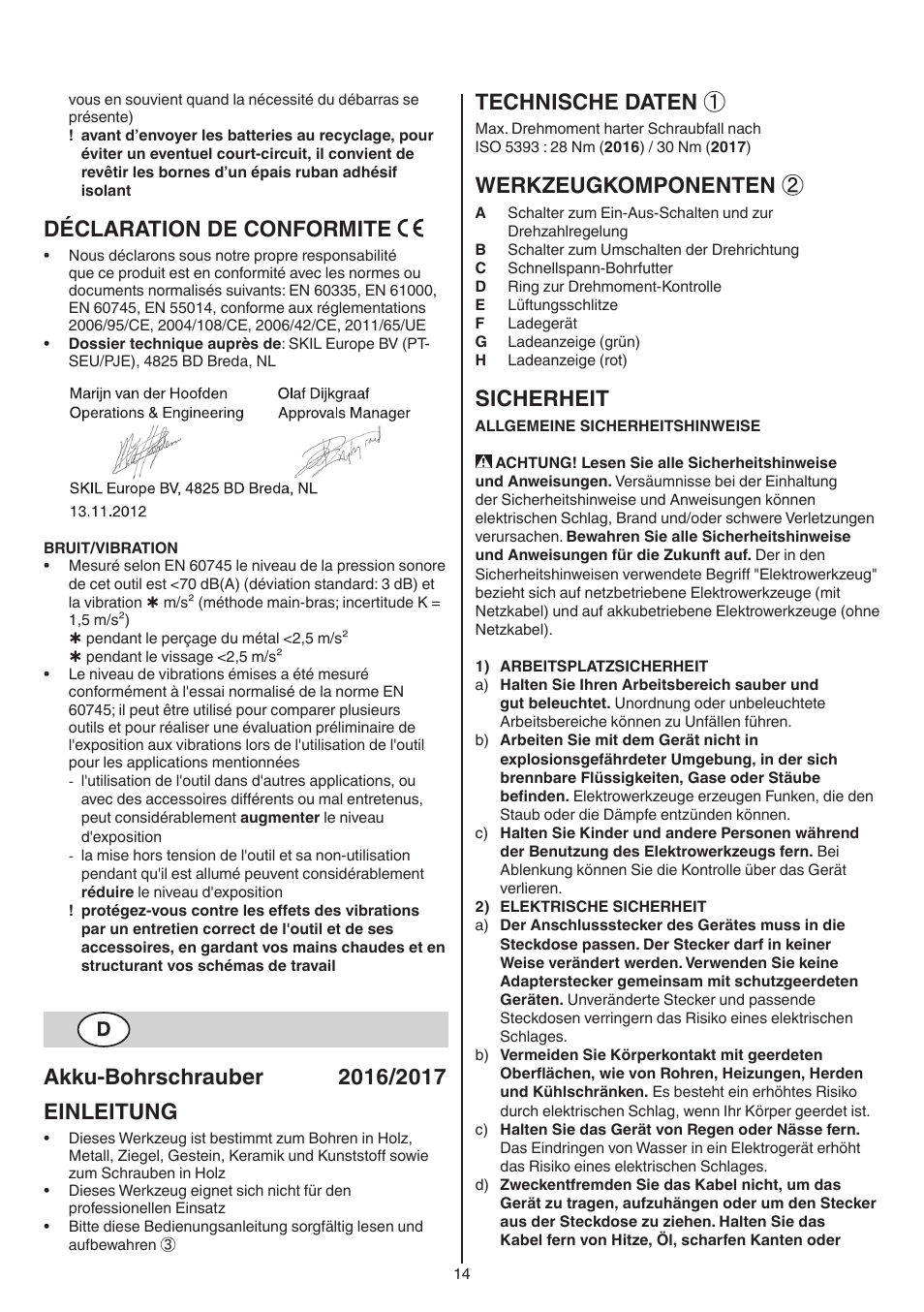 Déclaration de conformite, Einleitung, Technische daten | Werkzeugkomponenten, Sicherheit | Skil 2016 AA User Manual | Page 14 / 128