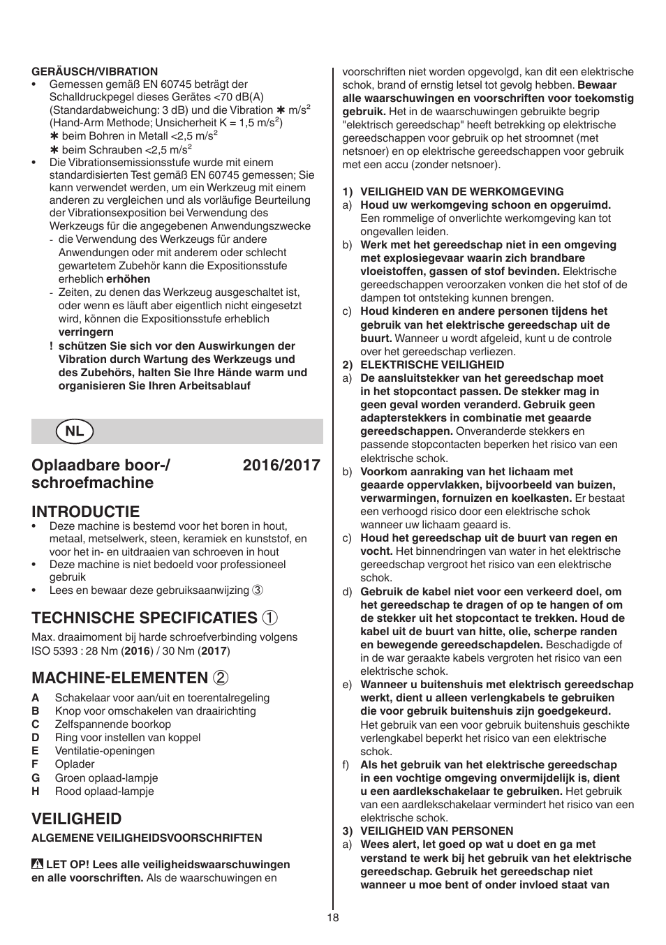 Technische specificaties, Machine-elementen, Veiligheid | Skil 2016 AA User Manual | Page 18 / 128