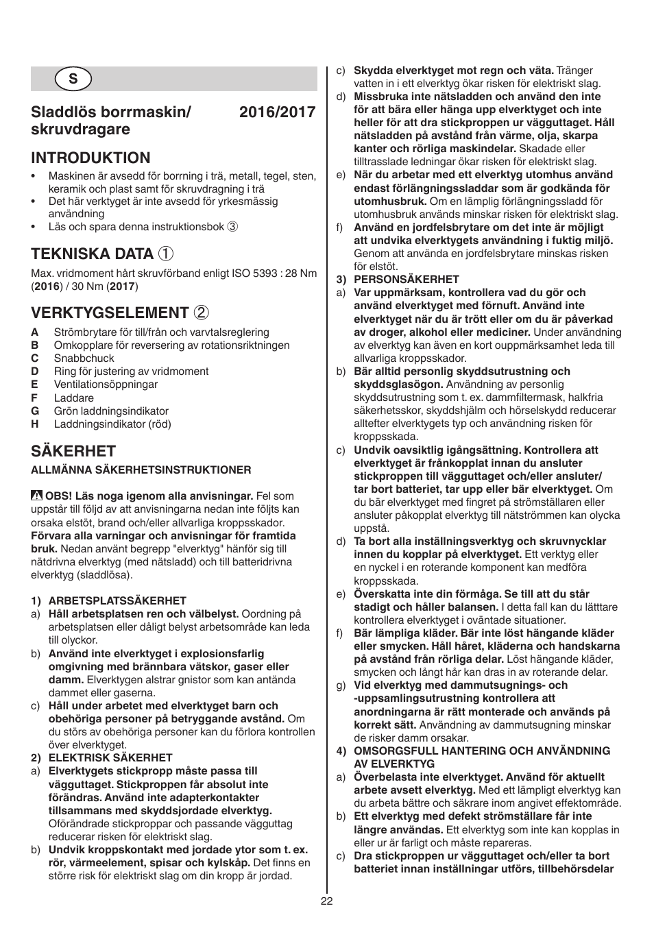 Tekniska data, Verktygselement, Säkerhet | Skil 2016 AA User Manual | Page 22 / 128