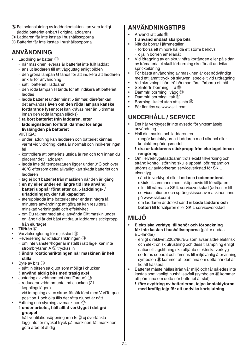 Användning, Användningstips, Underhåll / service | Miljö | Skil 2016 AA User Manual | Page 24 / 128