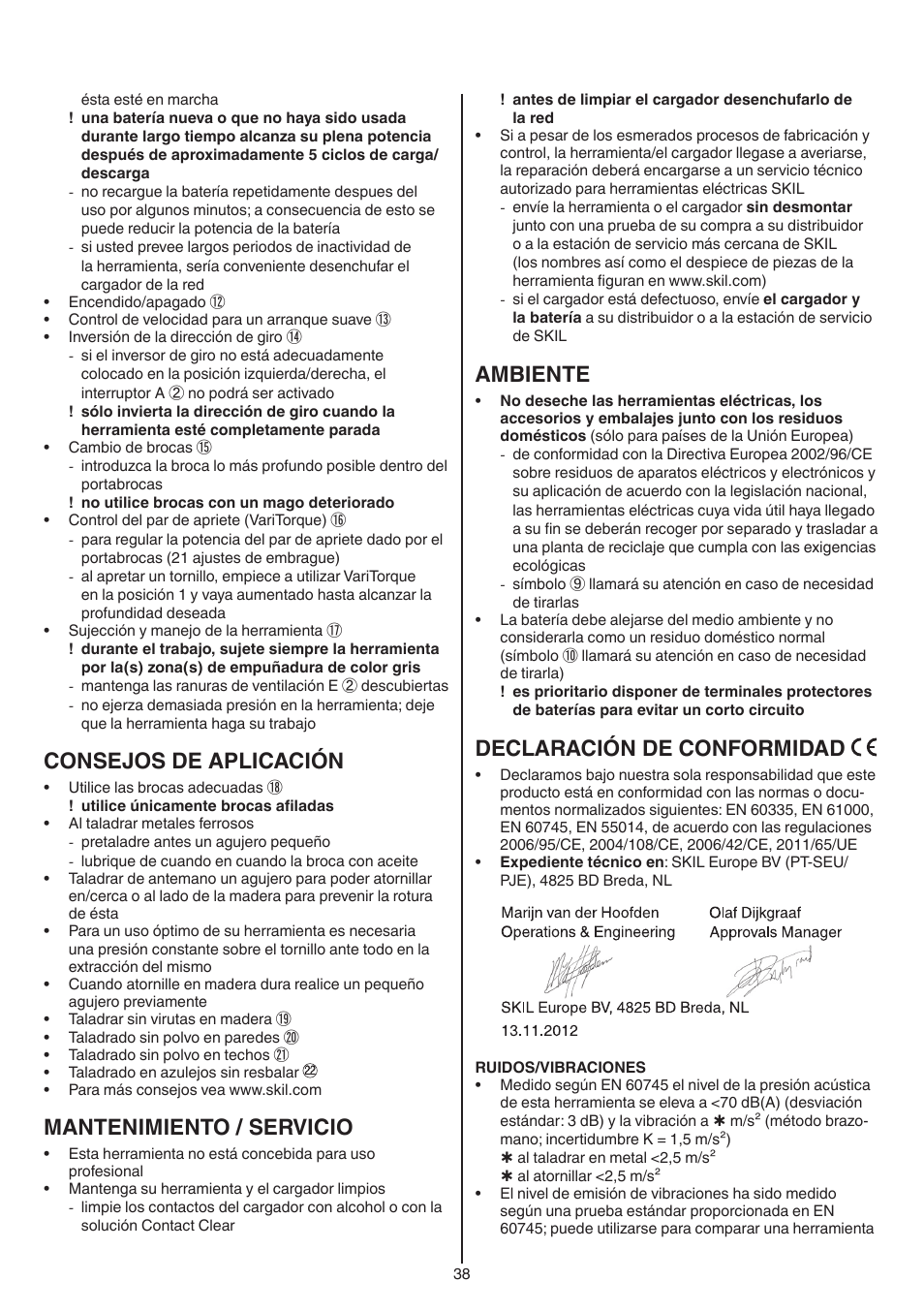 Consejos de aplicación, Mantenimiento / servicio, Ambiente | Declaración de conformidad | Skil 2016 AA User Manual | Page 38 / 128