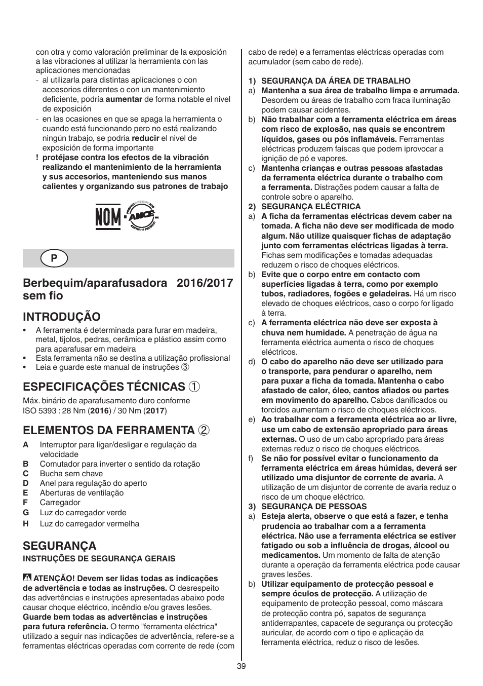Especificações técnicas, Elementos da ferramenta, Segurança | Skil 2016 AA User Manual | Page 39 / 128