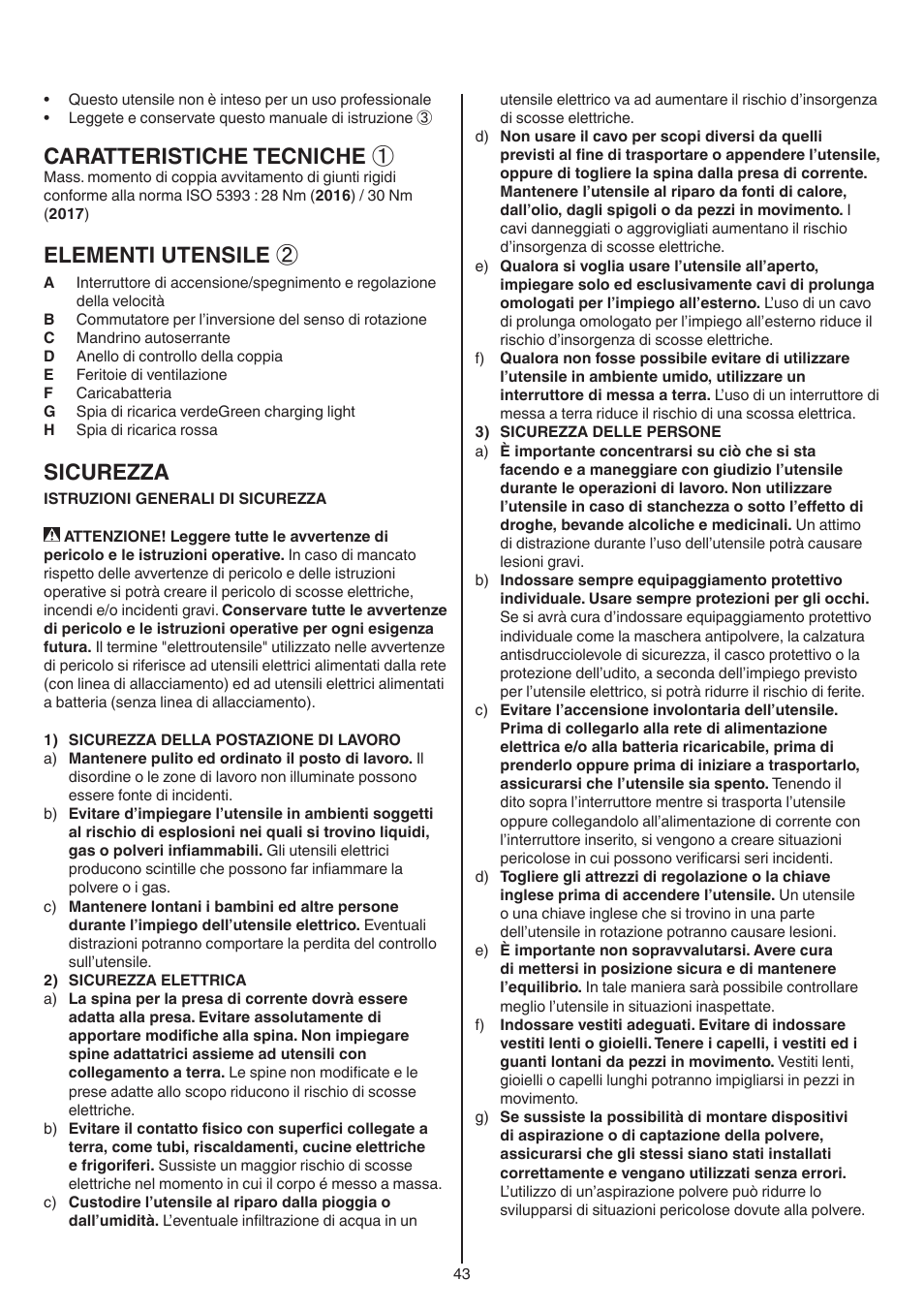 Caratteristiche tecniche, Elementi utensile, Sicurezza | Skil 2016 AA User Manual | Page 43 / 128