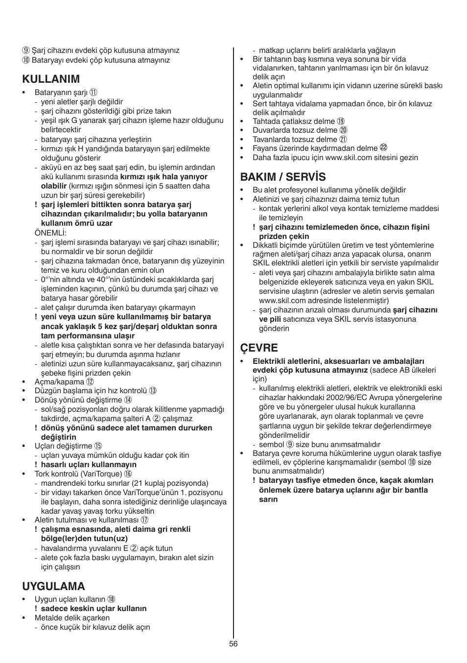 Kullanim, Uygulama, Bakim / servis | Çevre | Skil 2016 AA User Manual | Page 56 / 128