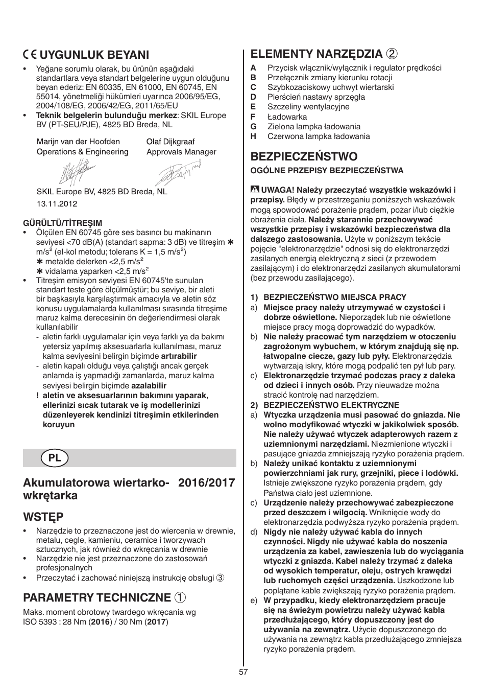 Uygunluk beyani, Parametry techniczne, Elementy narzędzia | Bezpieczeństwo | Skil 2016 AA User Manual | Page 57 / 128