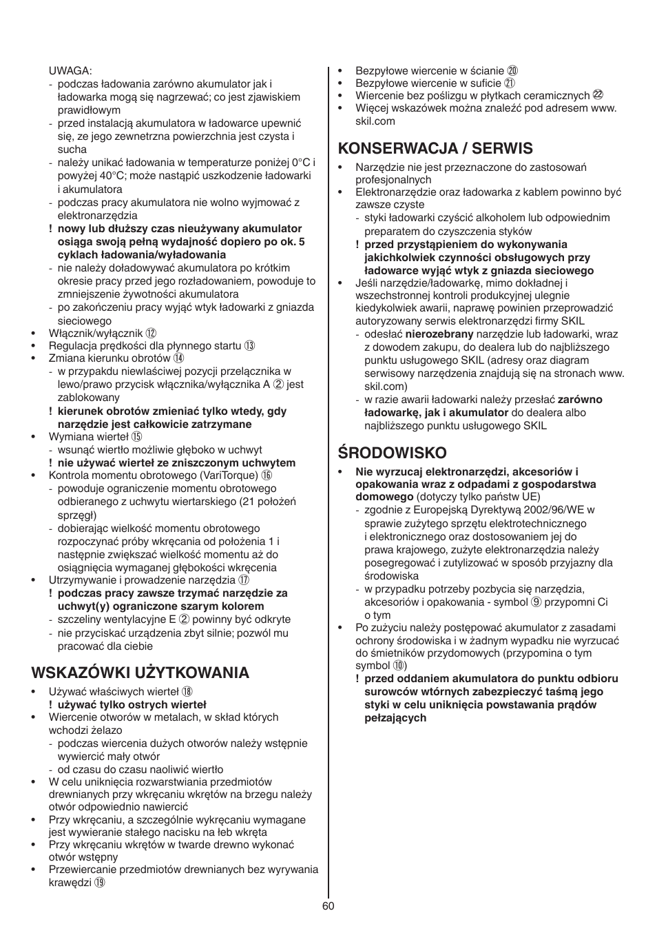 Wskazówki użytkowania, Konserwacja / serwis, Środowisko | Skil 2016 AA User Manual | Page 60 / 128