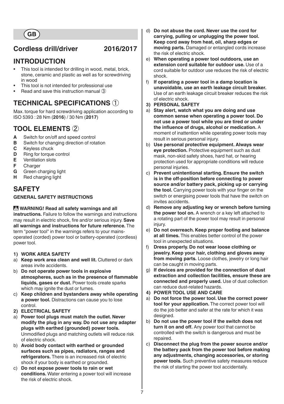 Technical specifications, Tool elements, Safety | Skil 2016 AA User Manual | Page 7 / 128