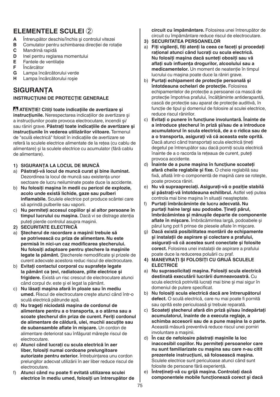 Elementele sculei, Siguranţa | Skil 2016 AA User Manual | Page 75 / 128