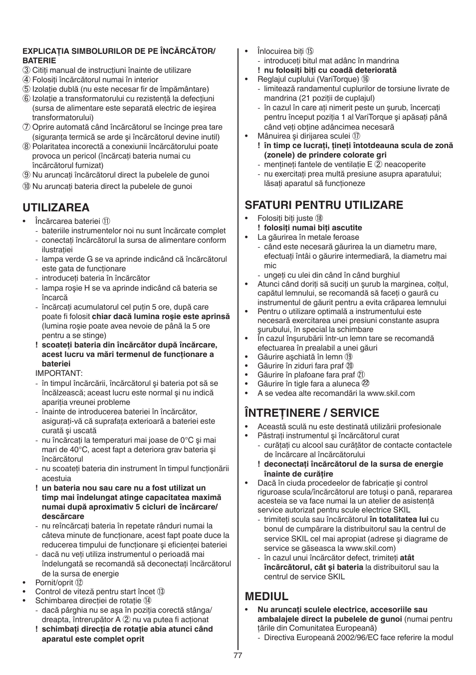 Utilizarea, Sfaturi pentru utilizare, Întreţinere / service | Mediul | Skil 2016 AA User Manual | Page 77 / 128