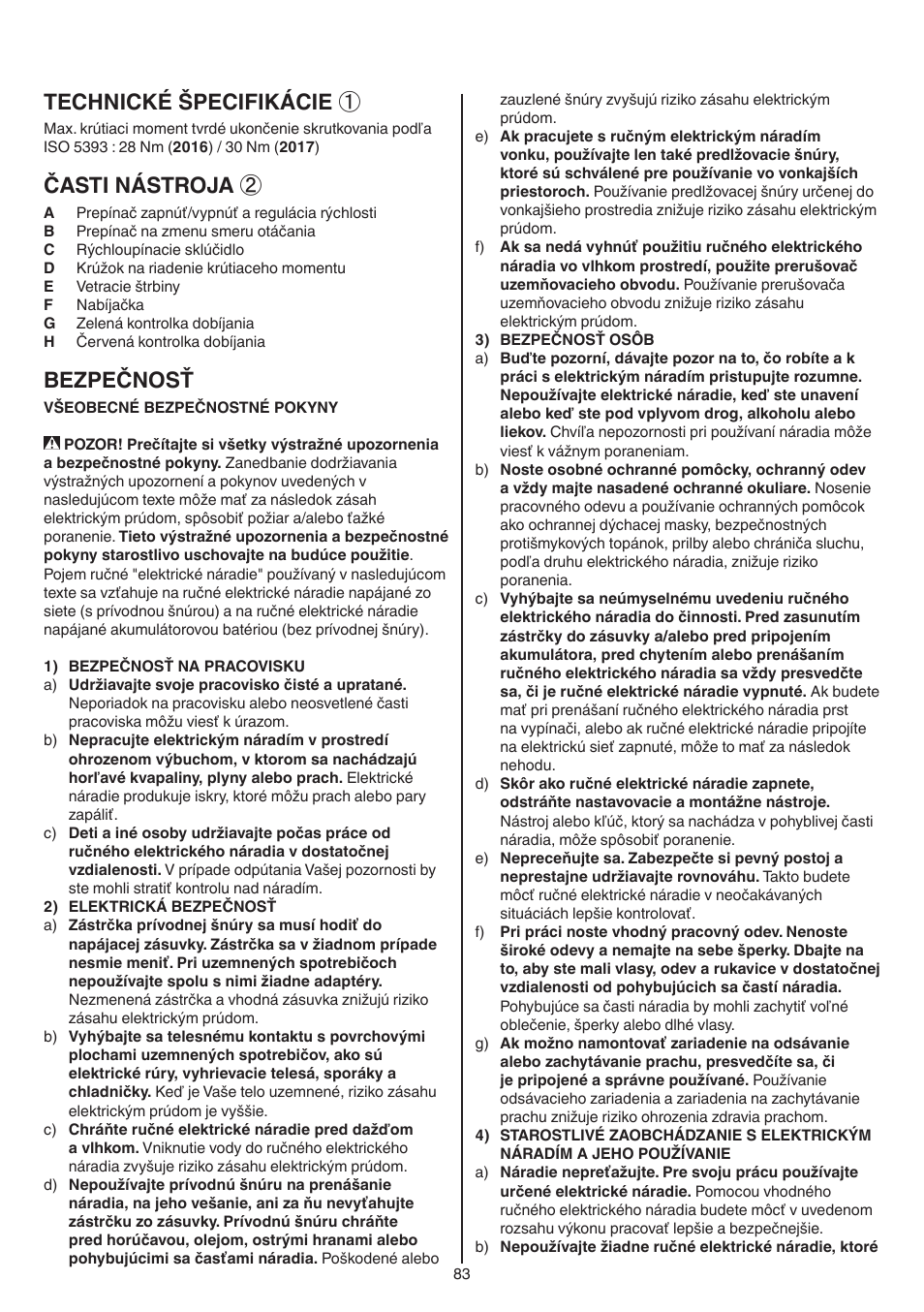 Technické špecifikácie, Časti nástroja, Bezpečnosť | Skil 2016 AA User Manual | Page 83 / 128