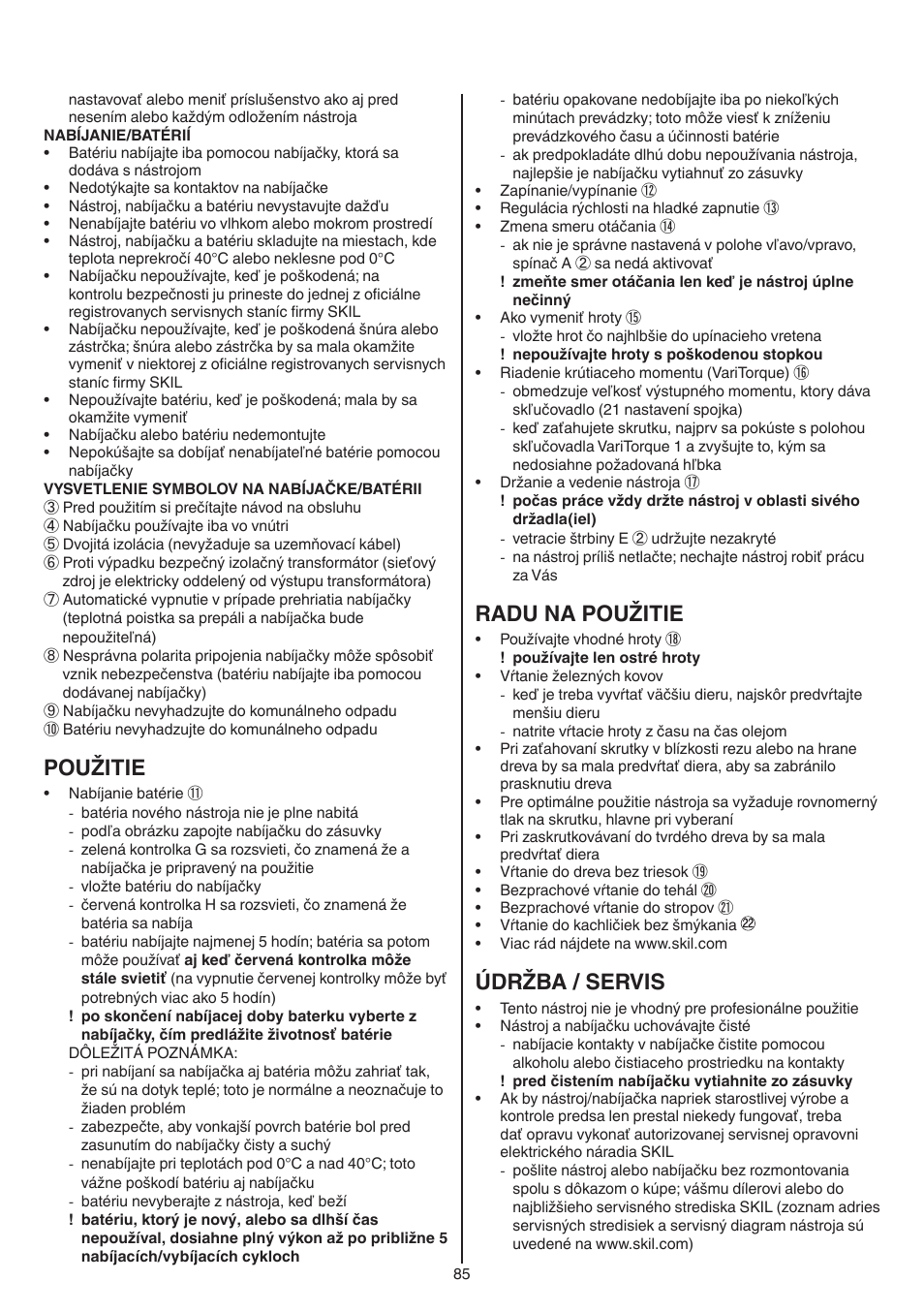 Použitie, Radu na použitie, Údržba / servis | Skil 2016 AA User Manual | Page 85 / 128