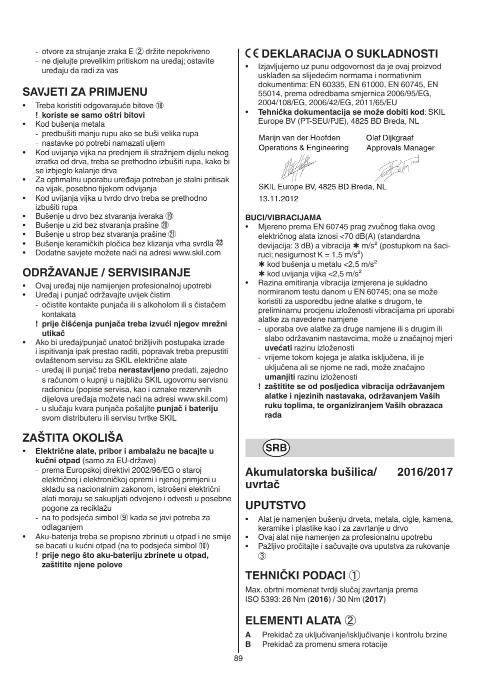 Savjeti za primjenu, Održavanje / servisiranje, Zaštita okoliša | Deklaracija o sukladnosti, Tehnički podaci, Elementi alata | Skil 2016 AA User Manual | Page 89 / 128