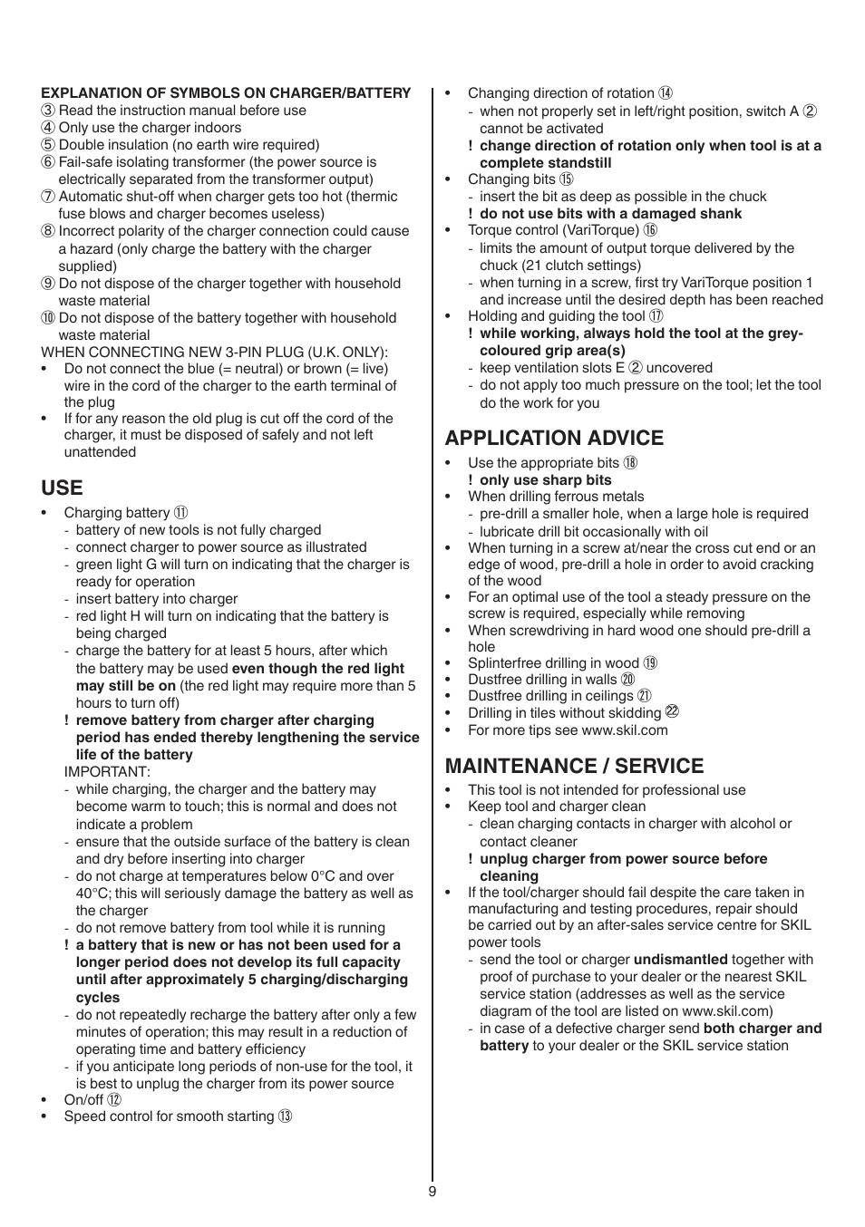 Application advice, Maintenance / service | Skil 2016 AA User Manual | Page 9 / 128